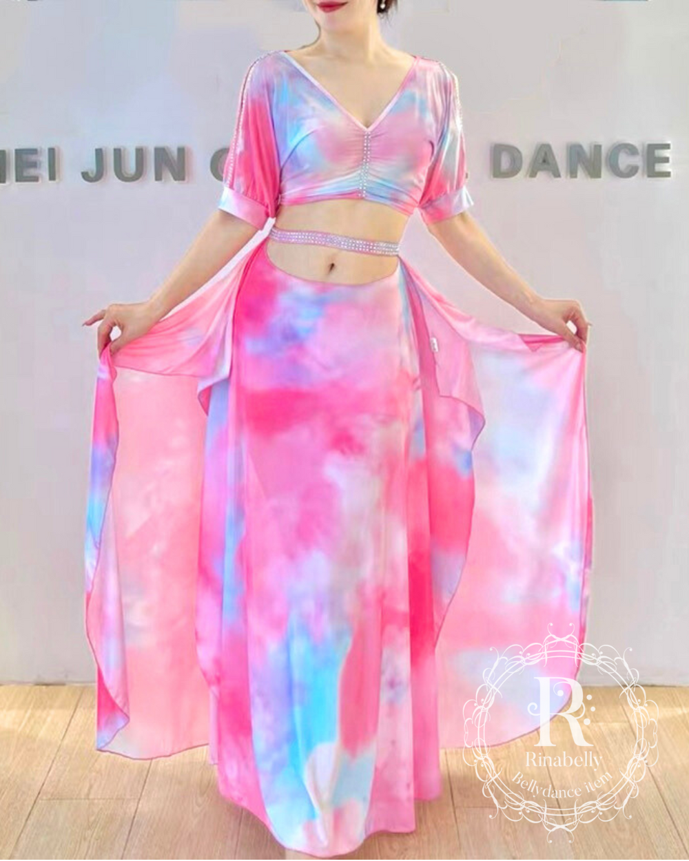 【フラダンス衣装】ピンク MermaidLine 上下セット 3点セット 可愛い フラダンス衣装】ピンク MermaidLine 上下セット 3点セット